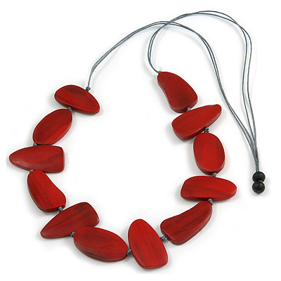 Geometric Melange Red Wood Bead Grey Cotton Cord Necklace - 94cm L (Max Length) Adjustable