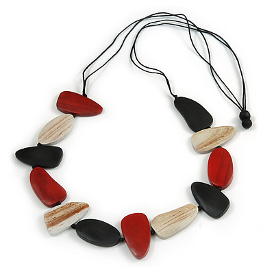 Geometric Melange Red/ White/ Black  Wood Bead Black Cotton Cord Necklace - 94cm L (Max Length) Adjustable