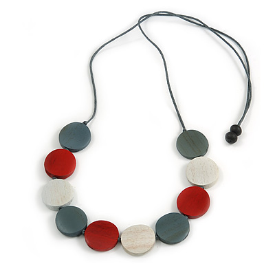 Grey/ Off White/ Red Wood Coin Bead Grey Cotton Cord Necklace - 86cm L (Max Length) Adjustable - main view