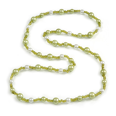Light Green/ White Glass Bead Long Necklace - 84cm Long
