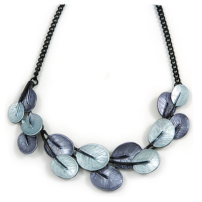 Metallic Blue/ Violet Blue Matte Enamel Leaf Necklace In Black Tone - 40cm L/ 6cm Ext