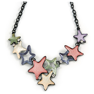 Pastel Multicoloured Matte Enamel Star Cluster Necklace In Black Tone - 40cm L/ 6cm Ext
