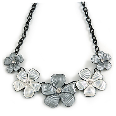 Metallic White/ Metallic Silver Matte Enamel Floral Necklace In Black Tone - 40cm L/ 6cm Ext