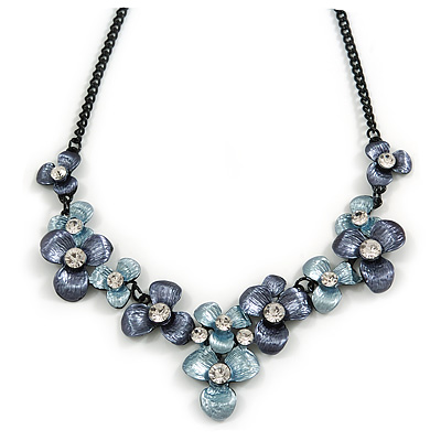 Violet Blue/ Light Blue Metallic Matte Enamel Flower Cluster Clear Crystal Necklace In Black Tone - 42cm L/ 5cm Ext - main view