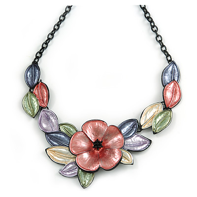 Pastel Multicoloured Matte Enamel Poppy Flower and Leaf Necklace In Black Tone - 45cm L/ 6cm Ext