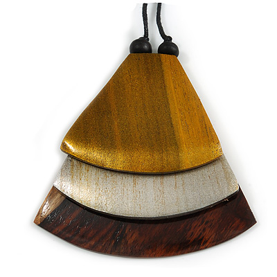 Gold/ Metallic Silver/ Brown Geometric Triangular Wood Pendant with Long Black Cotton Cord Necklace - 9cm L Pendant/ 100cm L/ (max length) - Adjust
