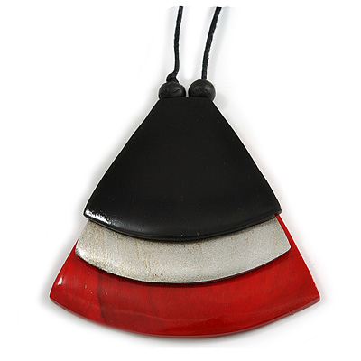 Black/ Metallic Silver/ Red Geometric Triangular Wood Pendant with Long Black Cotton Cord Necklace - 9cm L Pendant/ 100cm L/ (max length) - Adjust