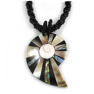 Mother Of Pearl Shell Shape Pendant with Twisted Glass Bead Necklace in Black/ Beige - 44cm L/ 55mm L Pendant