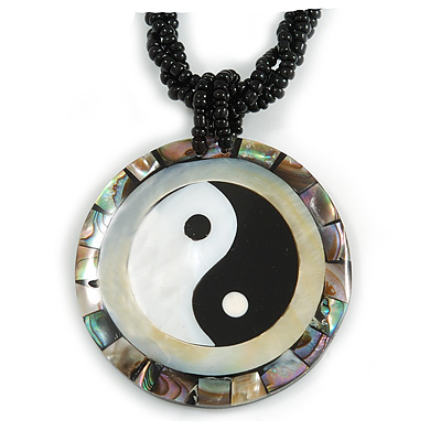 Mother Of Pearl 'Yin Yang' Round Pendant with Twisted Glass Bead Necklace in Black - 44cm L/ 50mm Diameter