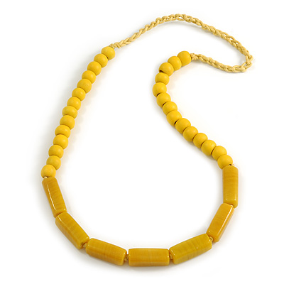 Yellow Wood and Ceramic Bead Cotton Cord Necklace - 68cm Long - main view