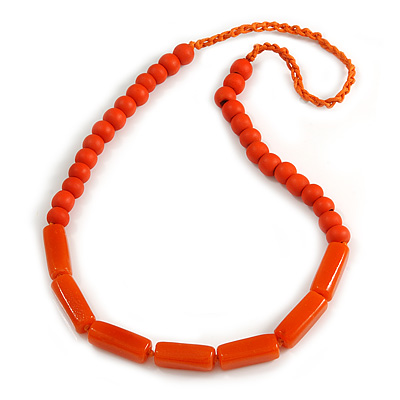 Orange Wood and Ceramic Bead Cotton Cord Necklace - 68cm Long