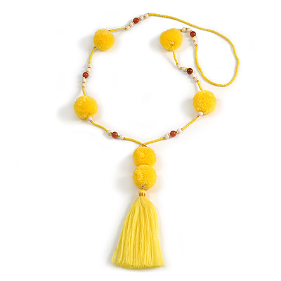 Banana Yellow Glass Bead, Pom Pom, Tassel Long Necklace - 88cm L/ 17cm Tassel
