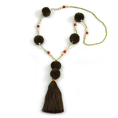 Dark Olive Pom Pom, Glass Bead, Tassel Long Necklace - 88cm L/ 17cm Tassel - main view