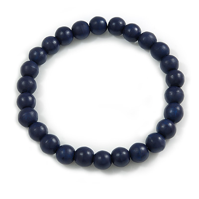 Chunky Dark Blue Round Bead Wood Flex Necklace - 44cm Long