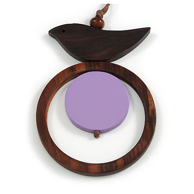 Brown/ Lilac Bird and Circle Wooden Pendant Cotton Cord Long Necklace - 84cm L/ 10cm Pendant - main view