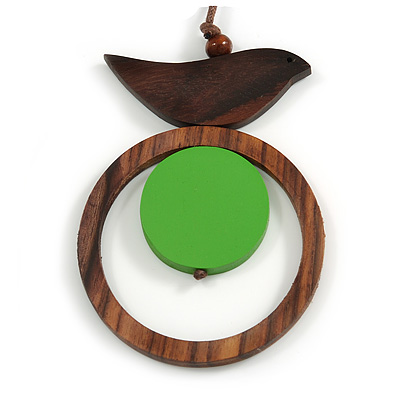 Brown/ Green Bird and Circle Wooden Pendant Cotton Cord Long Necklace - 84cm L/ 10cm Pendant - main view