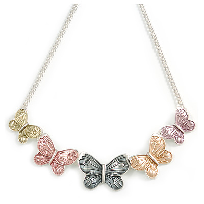 Pastel Pink/ Grey/ Yellow Enamel Butterfly with Silver Tone Chain Necklace - 40cm L/ 6cm Ext