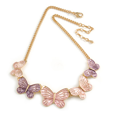 Pastel Pink/ Purple Enamel Butterfly with Gold Tone Chain Necklace - 40cm L/ 6cm Ext - main view