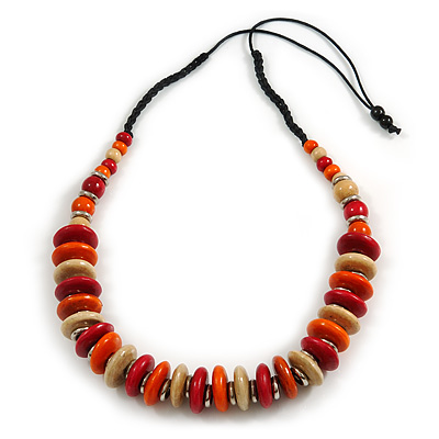 Orange/ Red/ Natural Wood Button/ Round Bead Black Cotton Cord Necklace - 80cm Max Lenght - Adjustable