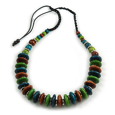 Lime Green/ Teal/ Brown  Wood Button/ Round Bead Black Cotton Cord Necklace - 80cm Max Lenght - Adjustable - main view
