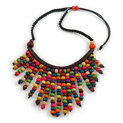 Statement Multicoloured Wooden Bead Fringe Black Cotton Cord Necklace - Adjustable - main view