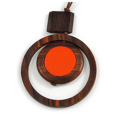 Brown/ Orange Double Circle Wooden Pendant Brown Cotton Cord Long Necklace - 80cm L/ 10cm Pendant - Adjustable - main view