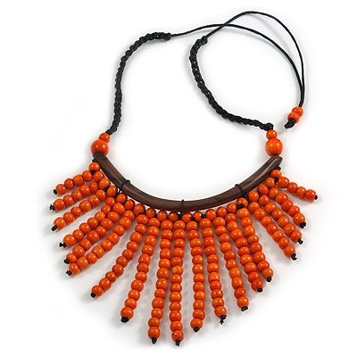 Statement Orange Wooden Bead Fringe Black Cotton Cord Necklace - Adjustable - main view