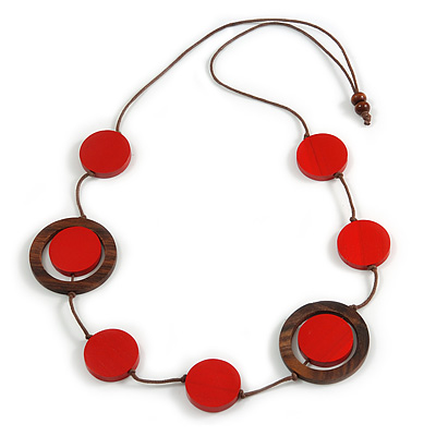 Red/ Brown Coin Wood Bead Cotton Cord Necklace - 88cm Long - Adjustable