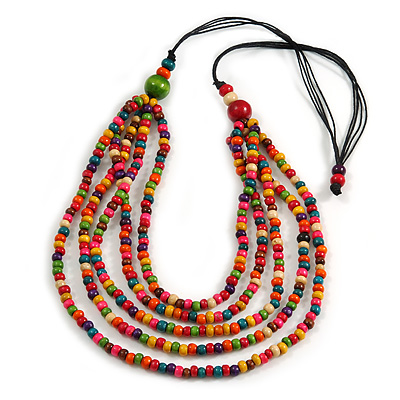 Multicoloured Multistrand Layered Wood Bead with Cotton Cord Necklace - 90cm Max length- Adjustable - main view