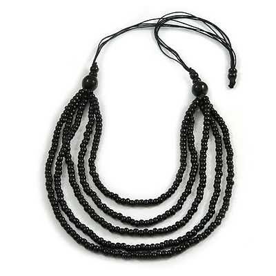 Multistrand Layered Black Wood Bead with Cotton Cord Necklace - 90cm Long (Max Length) - Adjustable