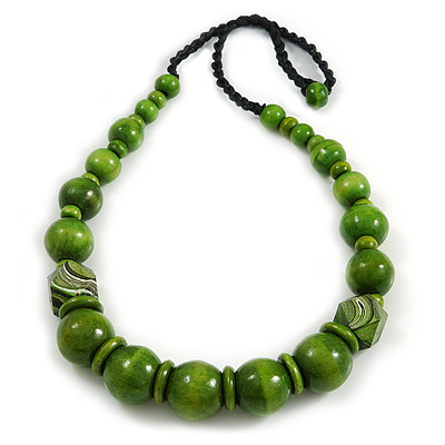 Chunky Lime Green Wood Bead with Black Cotton Cord Necklace - 64cm L