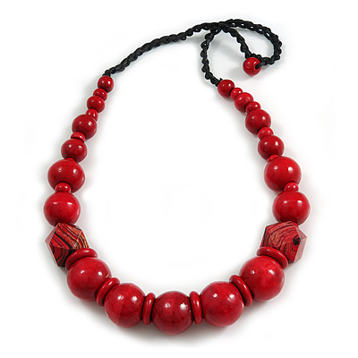 Chunky Red Wood Bead with Black Cotton Cord Necklace - 64cm L