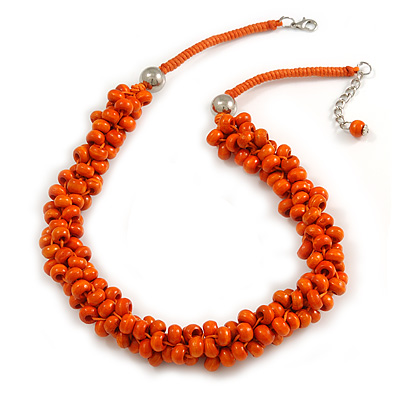 Orange Cluster Wood Bead Orange Cotton Cord Necklace - 52cm L/ 4cm Ext - main view