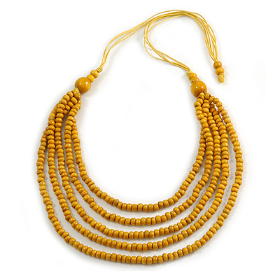 Yellow Multistrand Layered Wood Bead with Cotton Cord Necklace - 90cm Max length- Adjustable