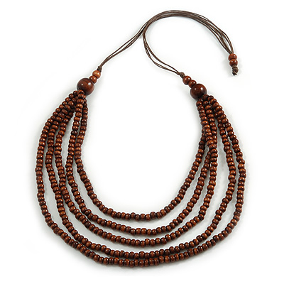 Brown Multistrand Layered Wood Bead with Cotton Cord Necklace - 90cm Max length- Adjustable