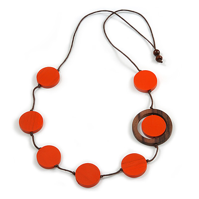Orange/ Brown Coin Wood Bead Cotton Cord Necklace - 80cm Long - Adjustable - main view