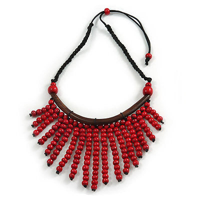Statement Red Wooden Bead Fringe Black Cotton Cord Necklace - Adjustable