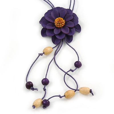 Deep Purple Leather Daisy Pendant with Long Cotton Cord - 80cm L - Adjustable