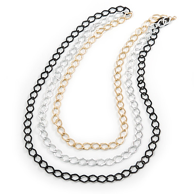 3 Strand, Layered Textured Oval Link Necklace (Black/ Light Silver/ Gold Tone) - 86cm L