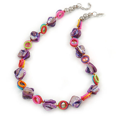 Purple Shell Nuggets with Multicoloured Acrylic Rings Necklace In Silver Tone - 52cm L/ 4cm Ext