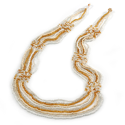 Long Multistrand Glass Bead Necklace (White, Gold, Transparent) - 100cm L