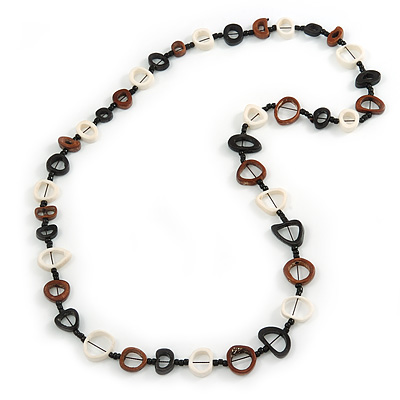 Black/ Brown/ White Open Cut Bone Rings and Glass Bead Necklace - 78cm L