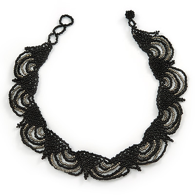 Black/ Grey Glass Bead Lacy Choker Necklace - 36cm L/ 3cm Ext