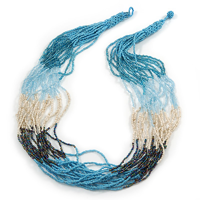 Long Multistrand Glass Bead Necklace (Peacock, Off White, Sky Blue, Pale Blue) - 78cm L