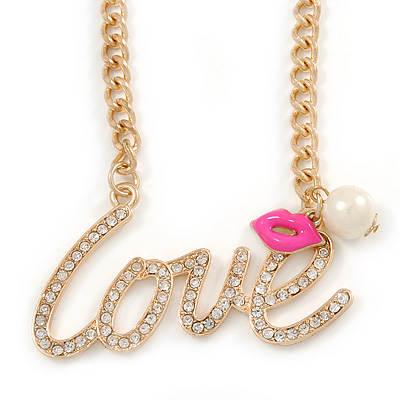 Gold Plated Clear Crystal 'Love' Necklace - 46cm L/ 6cm Ext