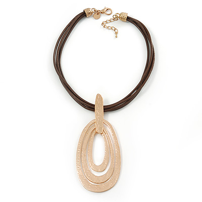 Triple Oval Pendant with Brown Leather Cords In Gold Tone - 40cm L/ 5cm Ext