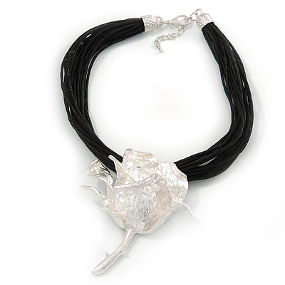 Oversized Hammered Rose Pendant with Black Waxed Cotton Cords In Silver Tone - 41cm L/ 5cm Ext