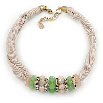 Beige Fabric Wire Choker Necklace with Light Green/ Cream Bead and Crystal Rings In Gold Tone - 41cm L/ 5cm Ext
