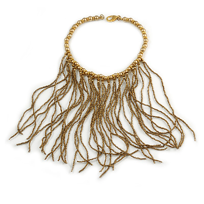 Statement Gold/ Bronze Glass Bead Fringe Necklace - 41cm L/ 20cm Front Drop