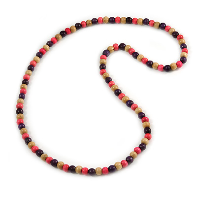 Chunky Long Round Bead Necklace (Natural/ Deep Pink/ Purple) - 124cm L